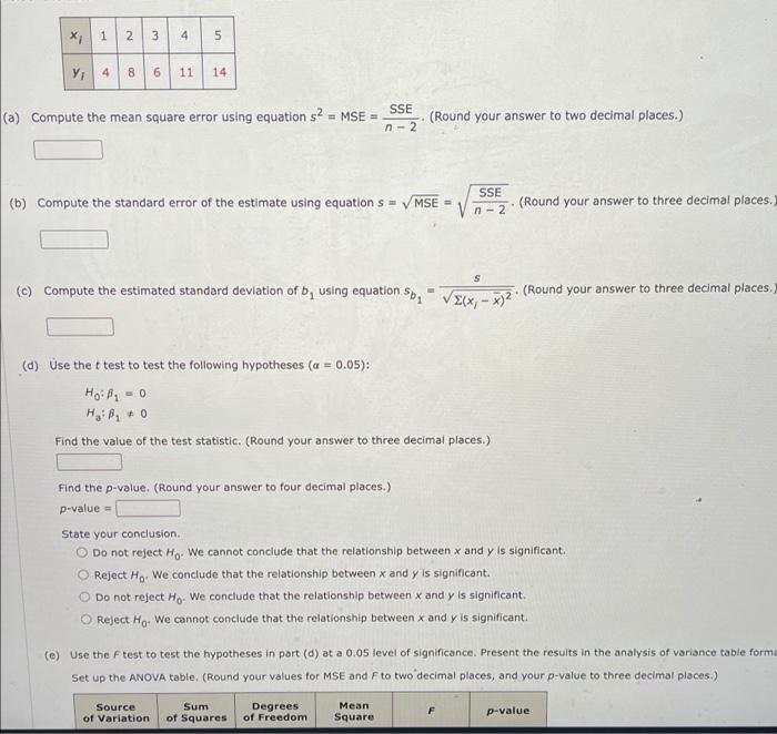 Solved x 1 2 3 4 5 Y, 48 6 11 14 (a) Compute the mean square | Chegg.com