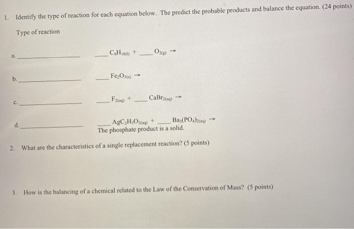 Solved 1. Identify the type of reaction for each equation | Chegg.com