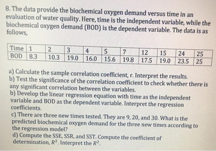 Solved 8. The data provide the biochemical oxygen demand | Chegg.com