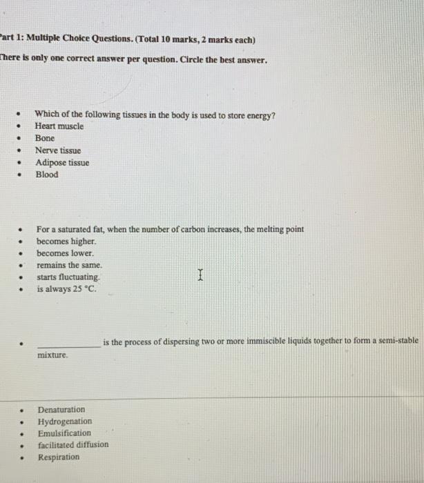 Solved Part 1: Multiple Choice Questions. (Total 10 marks, 2 | Chegg.com