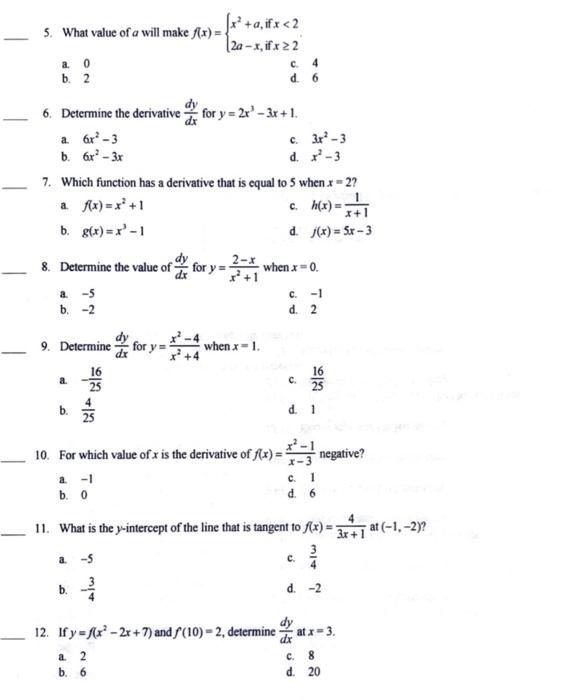 Solved 5. What value of a will make f(x)={x2+a, if x