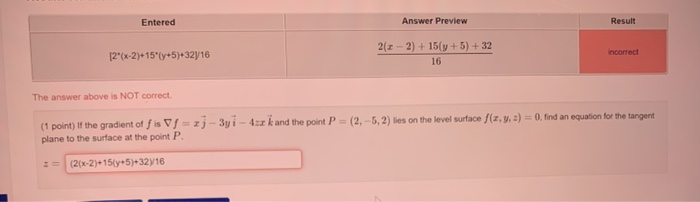 Solved Entered Answer Preview Result 12"(x-2)+15"[y+5)+3216 | Chegg.com