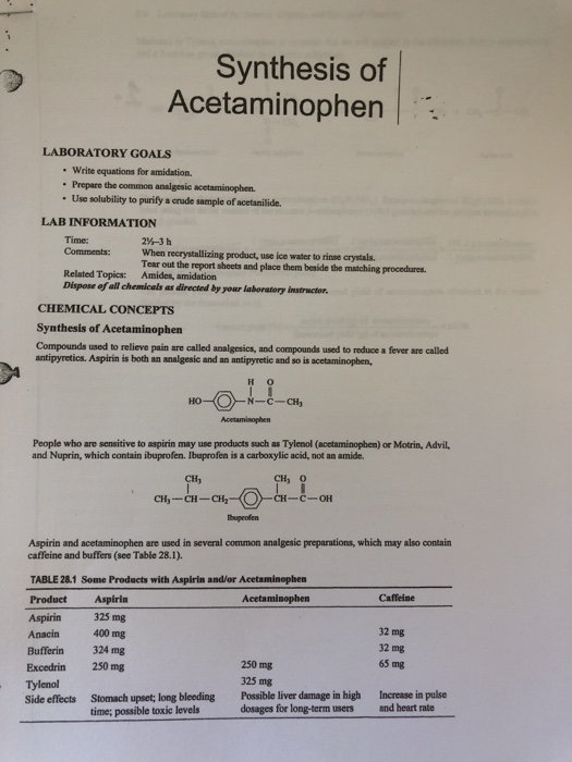 Solved Synthesis Of Acetaminophen LABORATORY GOALS • Write | Chegg.com