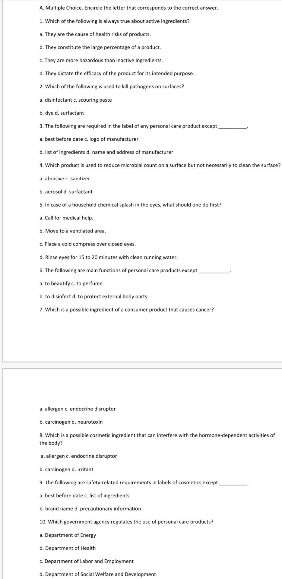 Solved A. Multiple Choice. Encircle the letter that | Chegg.com