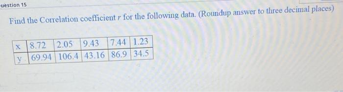 Solved uestion 15 Find the Correlation coefficient r for the | Chegg.com