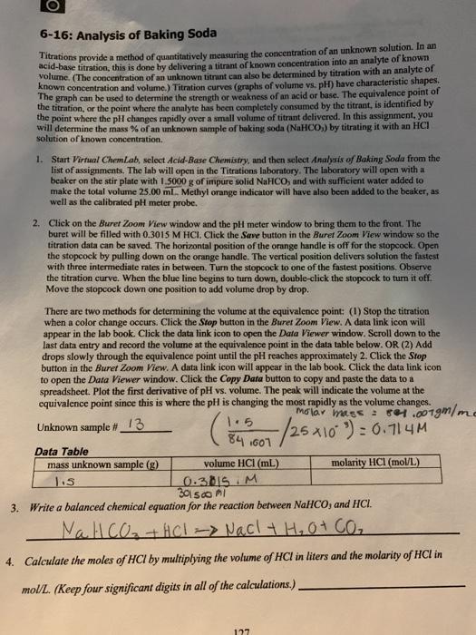 Solved 616 Analysis of Baking Soda Titrations provide a