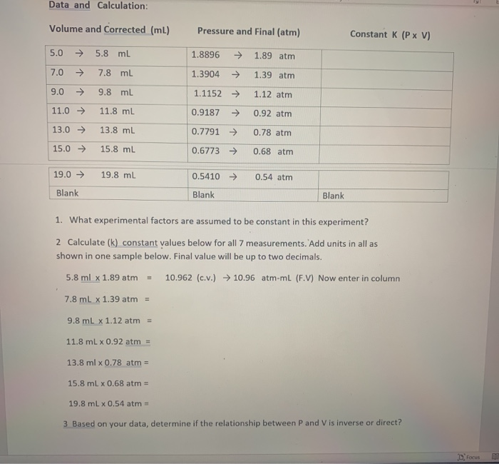 Solved Data And Calculation: Volume And Corrected (ml) | Chegg.com