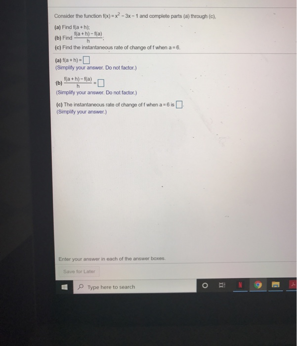 Solved Consider the function f(x)=x²-3x - 1 and complete | Chegg.com