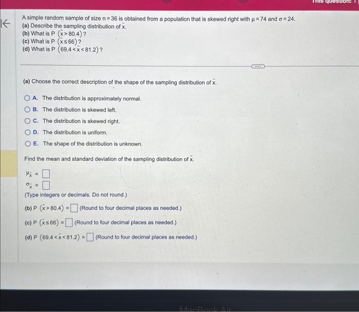 Solved A simple random sample of size n=36 is obtained from | Chegg.com
