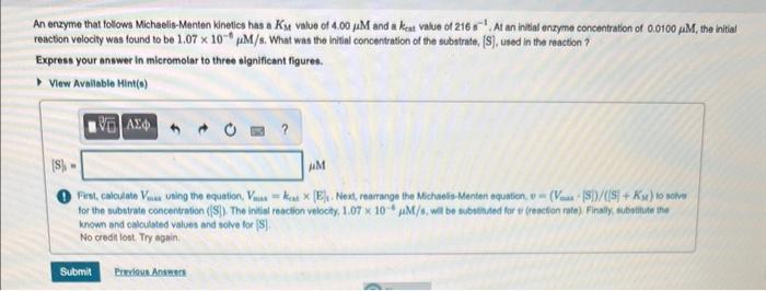 Solved An enzyme that follows Michaelis-Menten Kinetics has | Chegg.com
