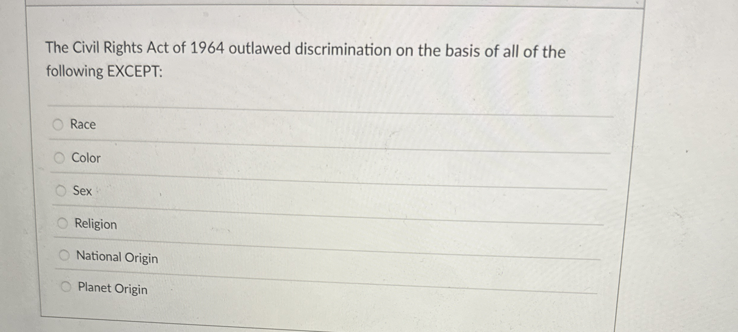 Solved The Civil Rights Act of 1964 ﻿outlawed discrimination | Chegg.com