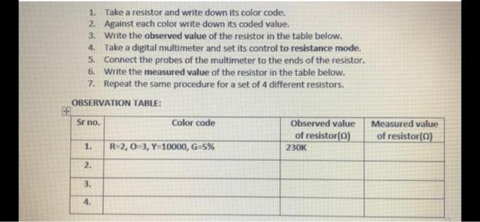 Solved 1. Take a resistor and write down its color code. 2. | Chegg.com