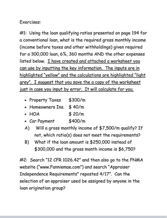 Exercises \1 Using the loan qualifying ratios