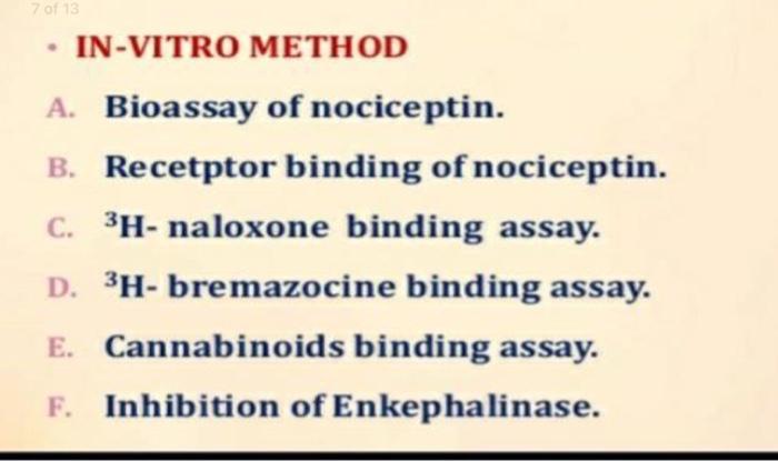 7 of 1 IN-VITRO METHOD A. Bioassay of nociceptin. B. Recetptor binding of nociceptin. C. 3H- naloxone binding assay. D. 3H- b