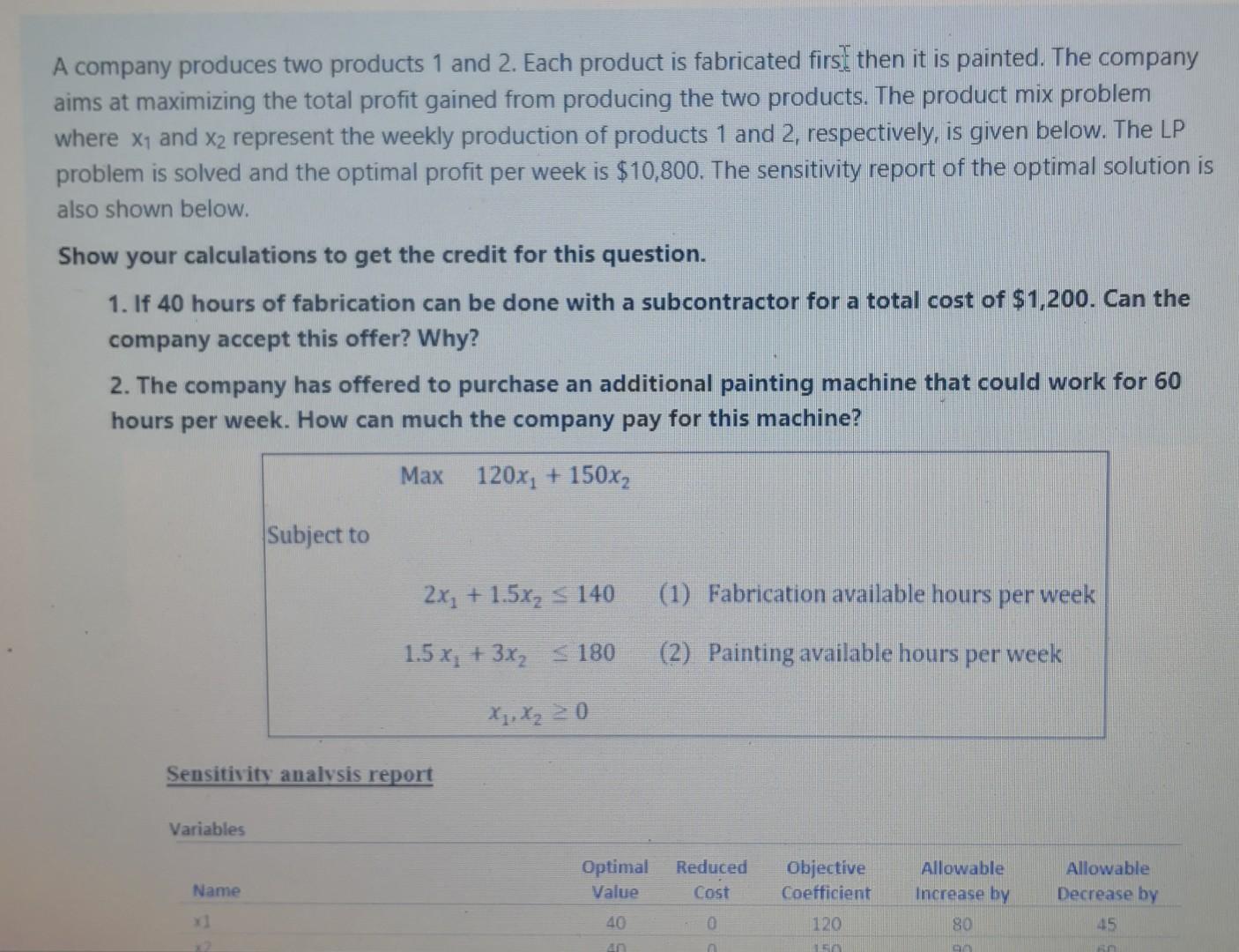 A company produces two products 1 and 2. Each product | Chegg.com
