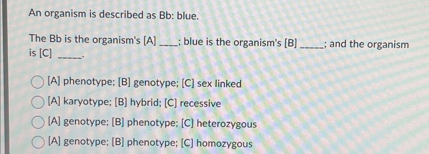 Solved An organism is described as Bb ﻿: blue.The Bb ﻿is the | Chegg.com