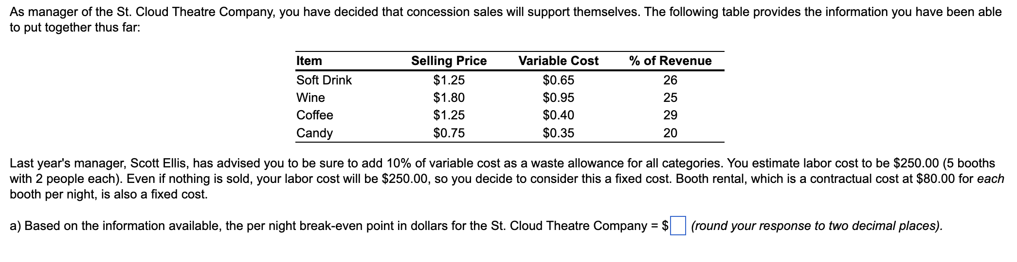 Solved As manager of the St. ﻿Cloud Theatre Company, you | Chegg.com