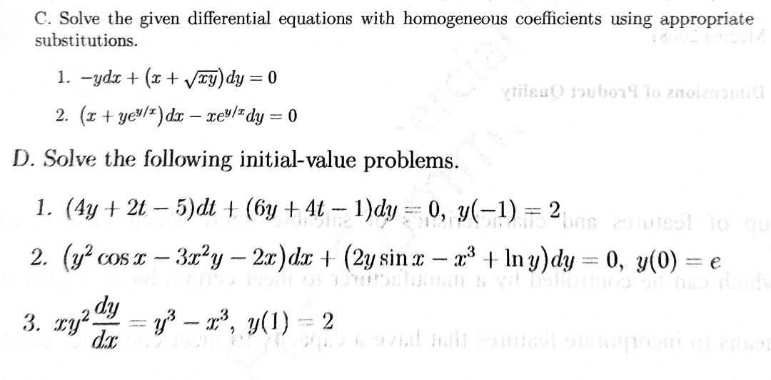 Solved C. Solve the given differential equations with | Chegg.com
