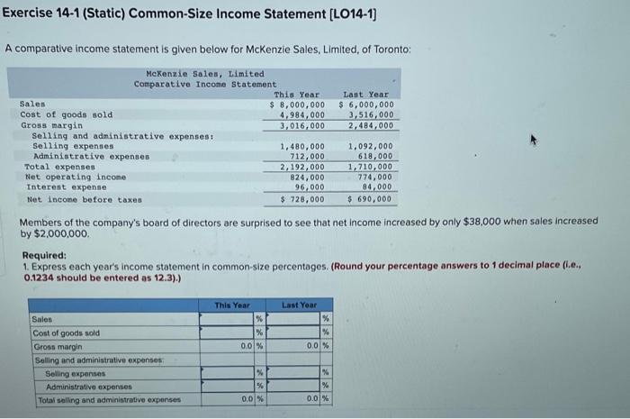 Solved Exercise 14-1 (Static) Common-Size Income Statement | Chegg.com