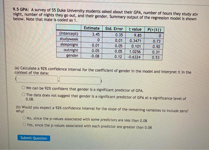Solved 9.5 GPA: A survey of 55 Duke University students | Chegg.com