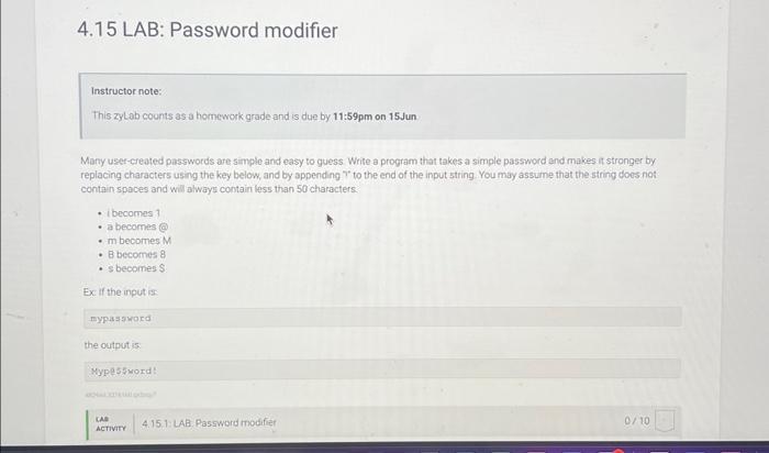 Solved Please Use C 4.15 LAB: Password Modifier Instructor | Chegg.com