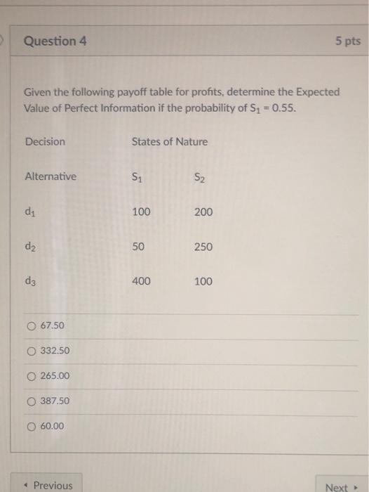 Solved Question 4 5 pts Given the following payoff table for | Chegg.com