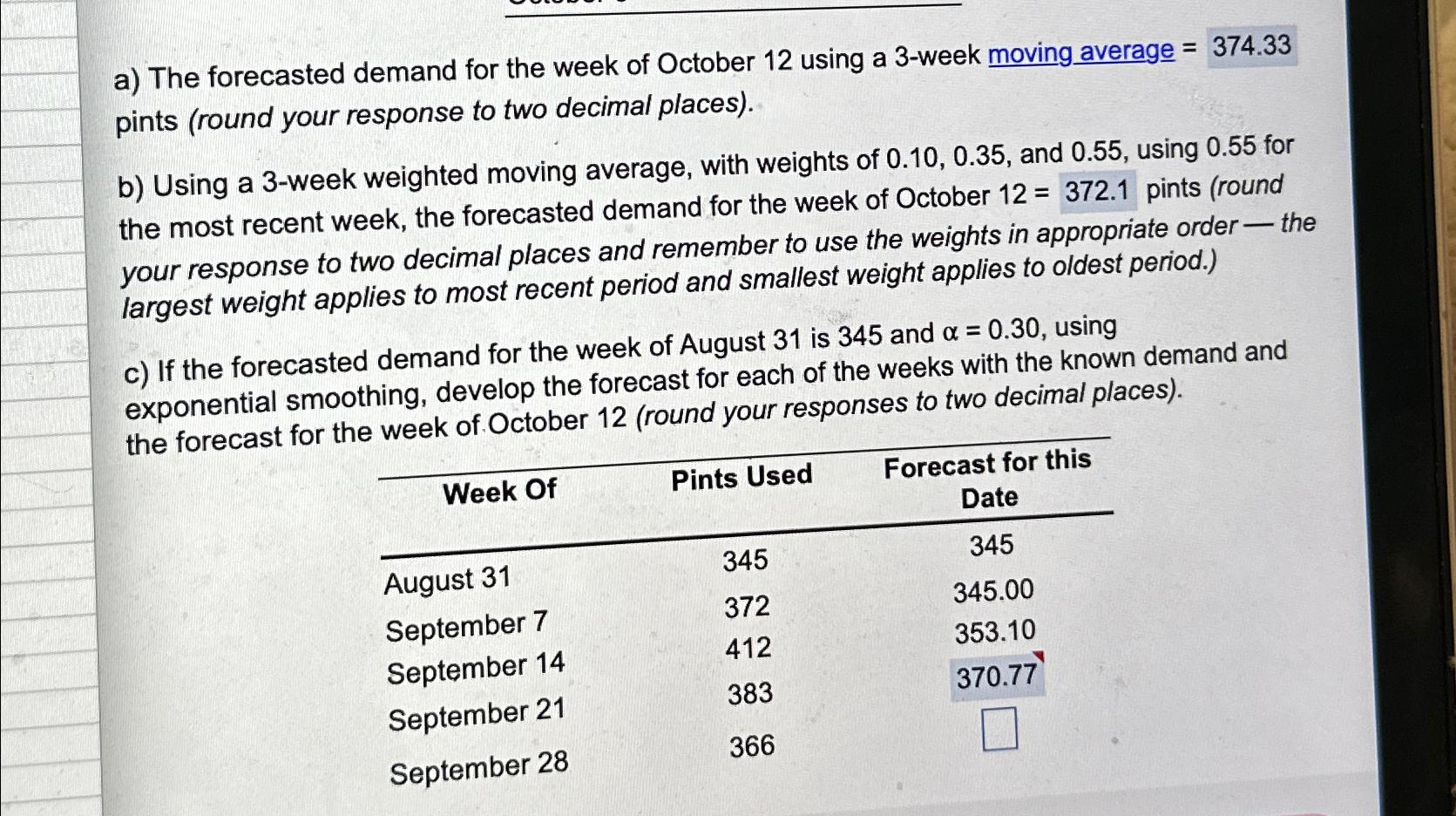 Solved a) ﻿The forecasted demand for the week of October 12 | Chegg.com