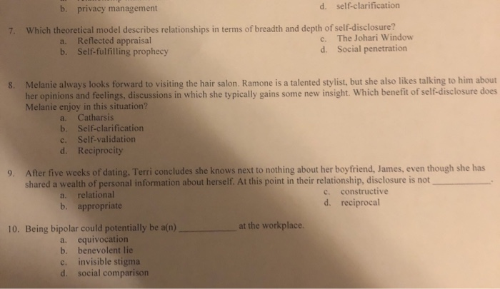 Solved B Privacy Management D Self Clarification 7 Whi