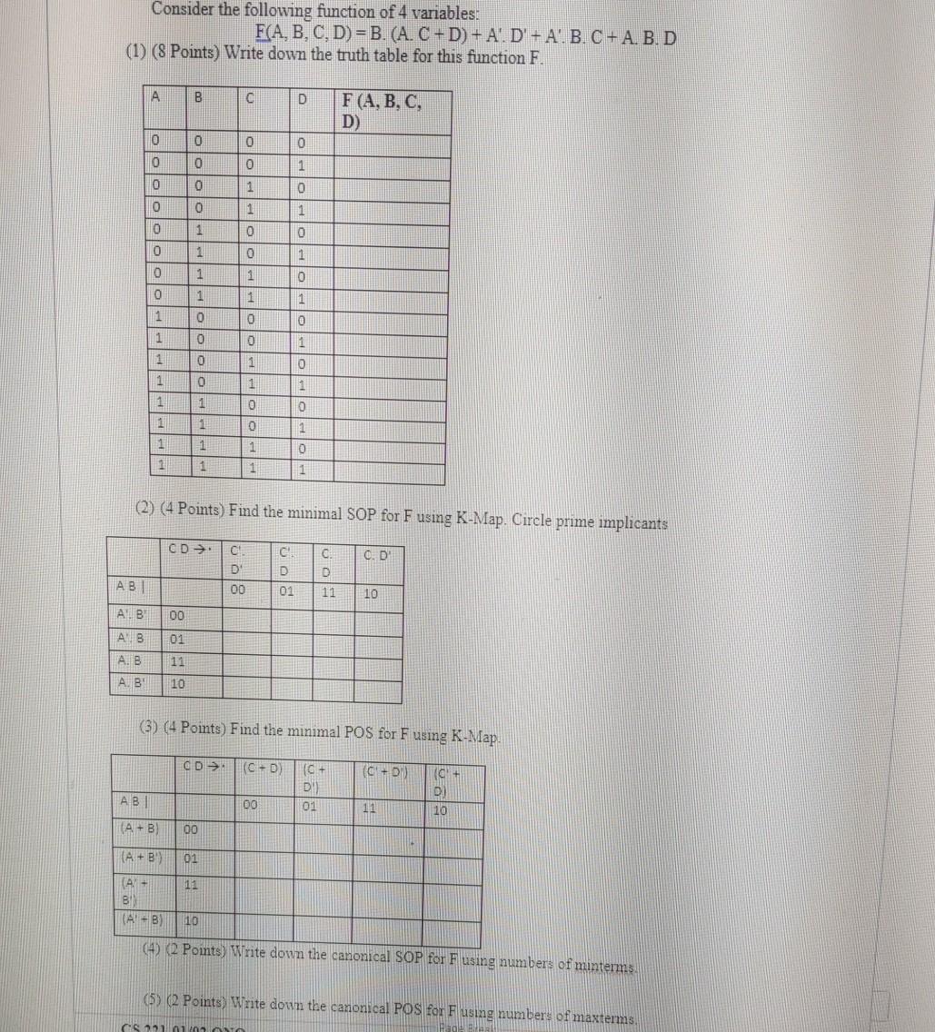 Solved Consider the following function of 4 variables: F(A, | Chegg.com