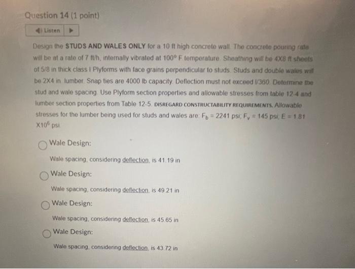 Solved Design the STUDS AND WALES ONLY for a 10 ft high