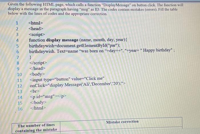 Solved Given the following HTML page, which calls a function | Chegg.com