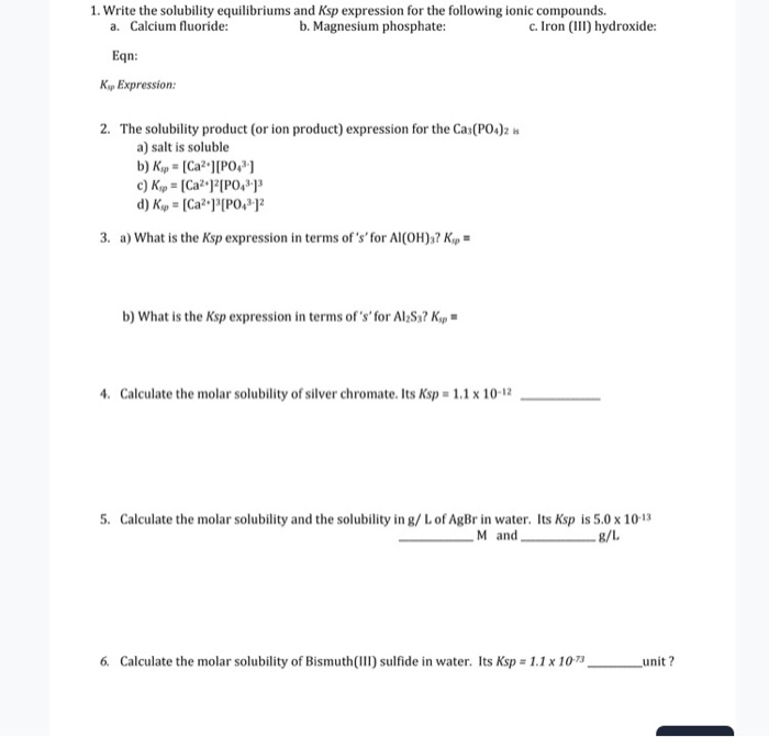 Solved 1 Write The Solubility Equilibriums And Ksp Expre Chegg Com