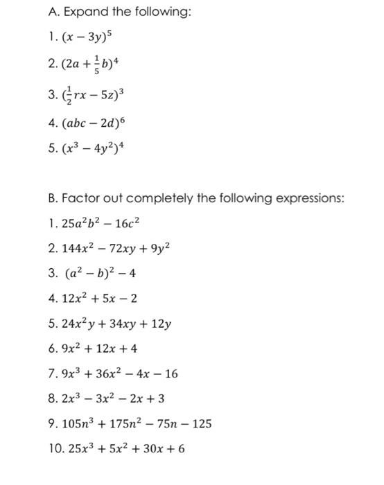 Solved A Expand The Following 1 X 3y 5 2 2a B 3 Chegg Com