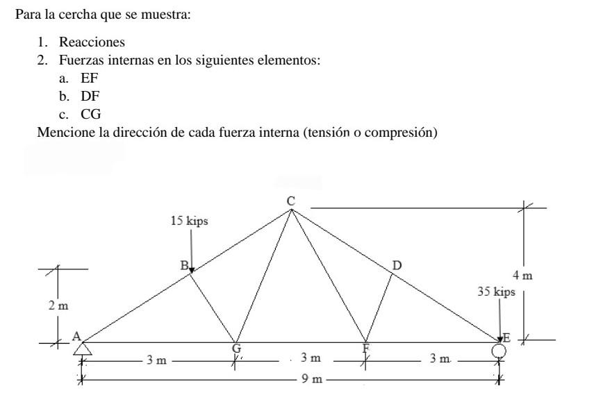 Para la cercha que se muestra: 1. Reacciones 2. Fuerzas internas en los siguientes elementos: a. EF b. DF c. \( \mathrm{CG} \