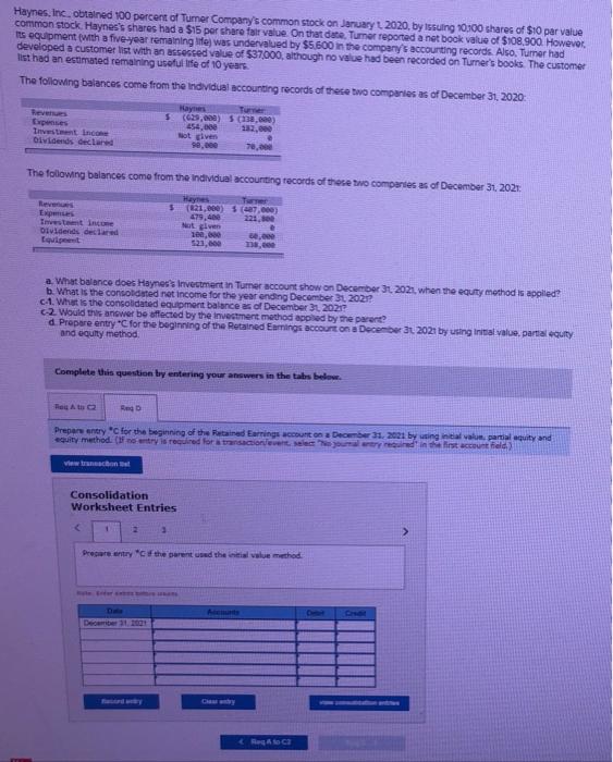 Solved Haynes, Inc. obtained 100 percent of Turner Company's | Chegg.com