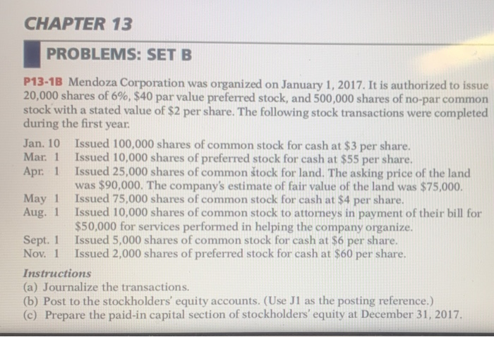 Solved CHAPTER 13 PROBLEMS: SET B P13-1B Mendoza Corporation | Chegg.com