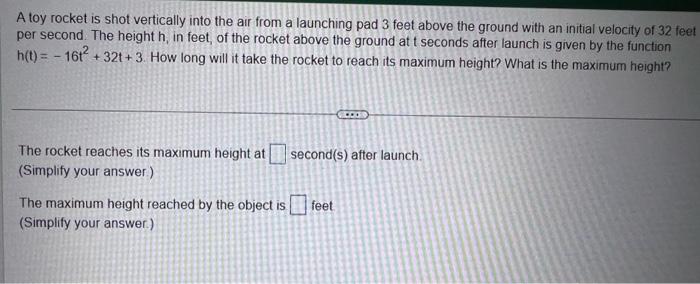 Solved A toy rocket is shot vertically into the air from a | Chegg.com