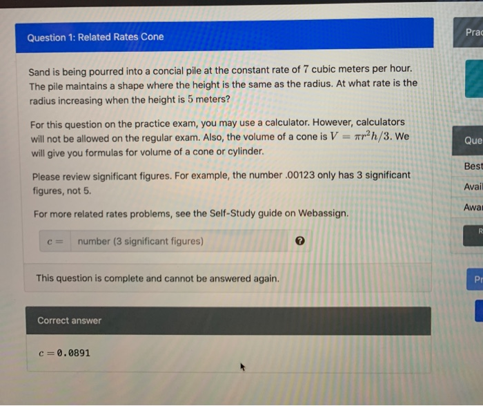 Solved Prac Question 1: Related Rates Cone Sand is being | Chegg.com