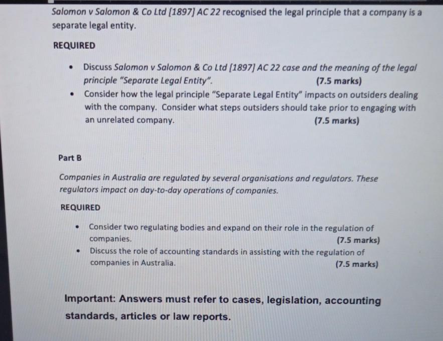 Fremskridt etisk Identificere Solved Salomon v Salomon & Co Ltd (1897) AC 22 recognised | Chegg.com