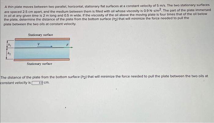 A thin plate moves between two parallel, horizontal, stationary flat surfaces at a constant velocity of \( 5 \mathrm{~m} / \m