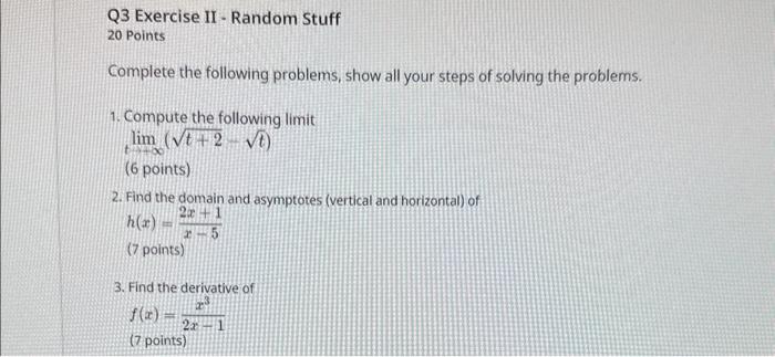 Solved 20 Points Complete the following problems, show all | Chegg.com
