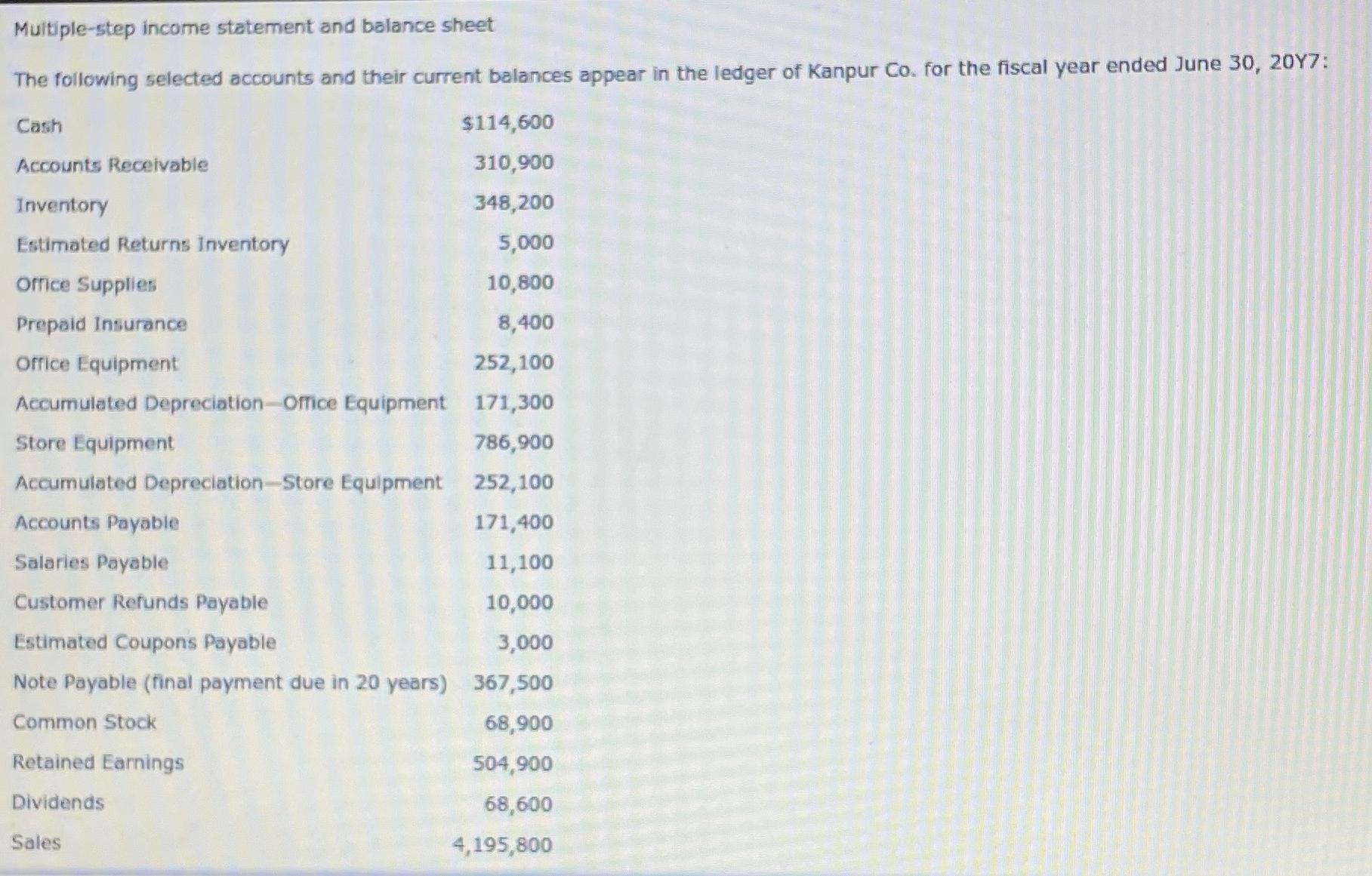 Multiple-step income statement and balance sheetThe | Chegg.com