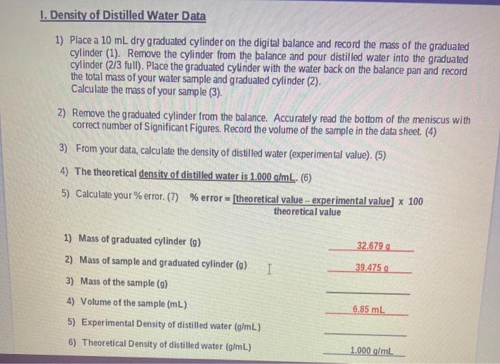 Solved 1. Density of Distilled Water Data 1) Place a 10 mL | Chegg.com