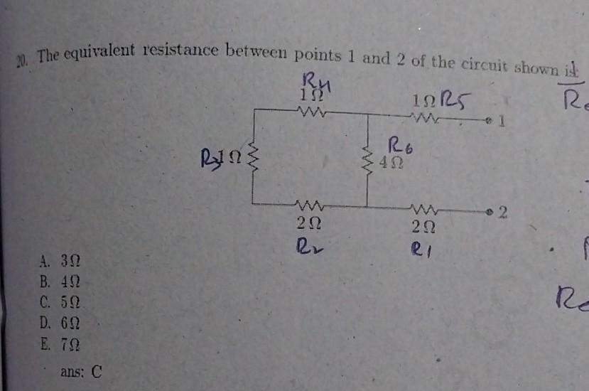Solved 20. The equivalent resistance between points 1 and 2 | Chegg.com
