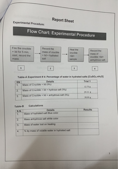 Solved Report Sheet Experimental Procedure: Flow Chart: | Chegg.com