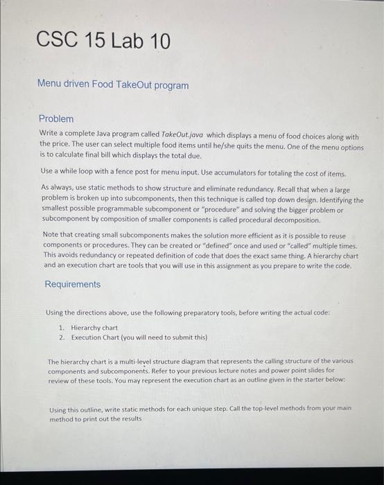 Solved CSC 15 Lab 10 Menu driven Food TakeOut program | Chegg.com