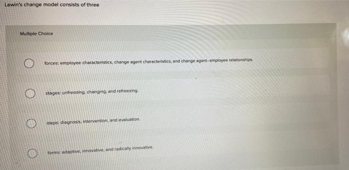Solved Lewin's change model consists of three Multiple | Chegg.com