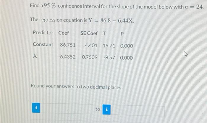 Solved Find a 95 % confidence interval for the slope of the | Chegg.com