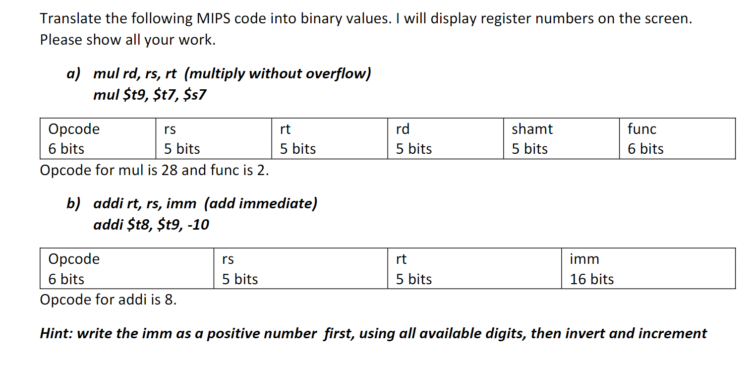 Solved Translate The Following MIPS Code Into Binary Values. | Chegg.com