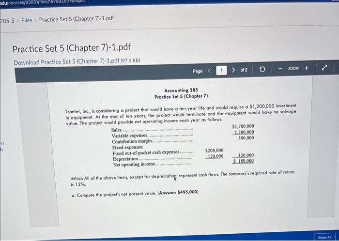 Solved Accounting 285 Practice Set 5 (Chapter 7) Tranter, | Chegg.com